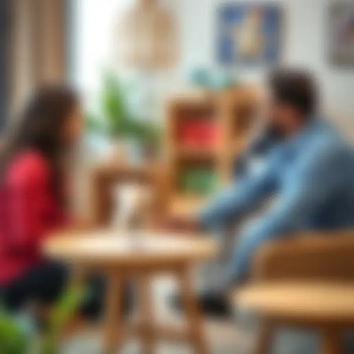 Parents discussing nursery options with a consultant in a welcoming setting.