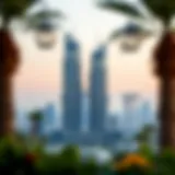 Stunning view of Safa Two Towers against Dubai skyline