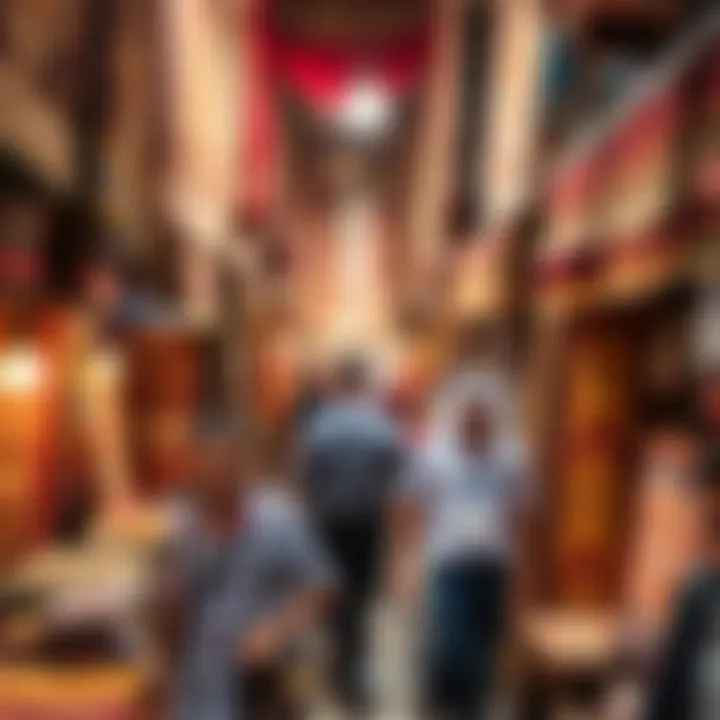 A bustling scene in the carpet souk, capturing the lively atmosphere and diverse offerings