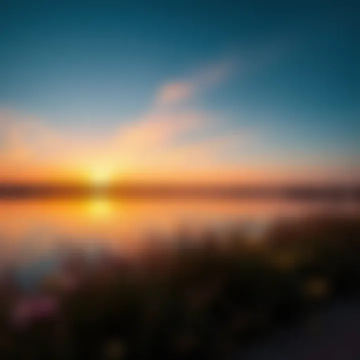 A panoramic view of a vibrant lake in Dubai at sunset