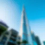 Stunning view of Burj Khalifa, the tallest building in the world, against a clear blue sky